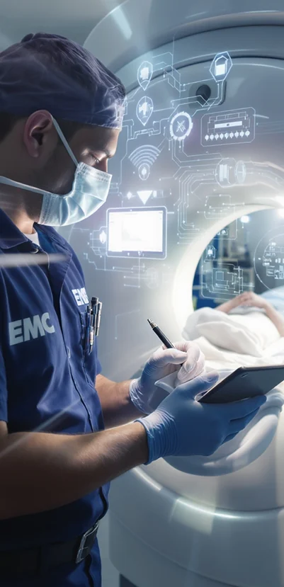 Técnico de jaleco e máscara usando um tablet ao lado de um equipamento de diagnóstico por imagem